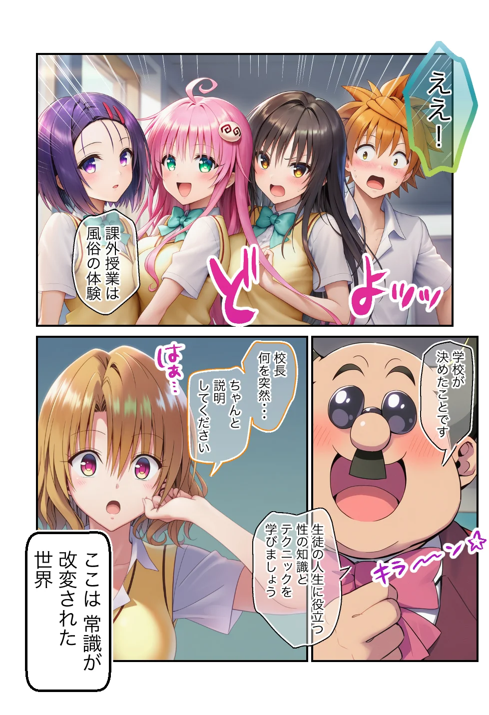 同人エロ漫画 ToLOVEる 常識改変！「課外学習は風俗です」ヒロイン嬢でハーレムを サンプル2ページ目